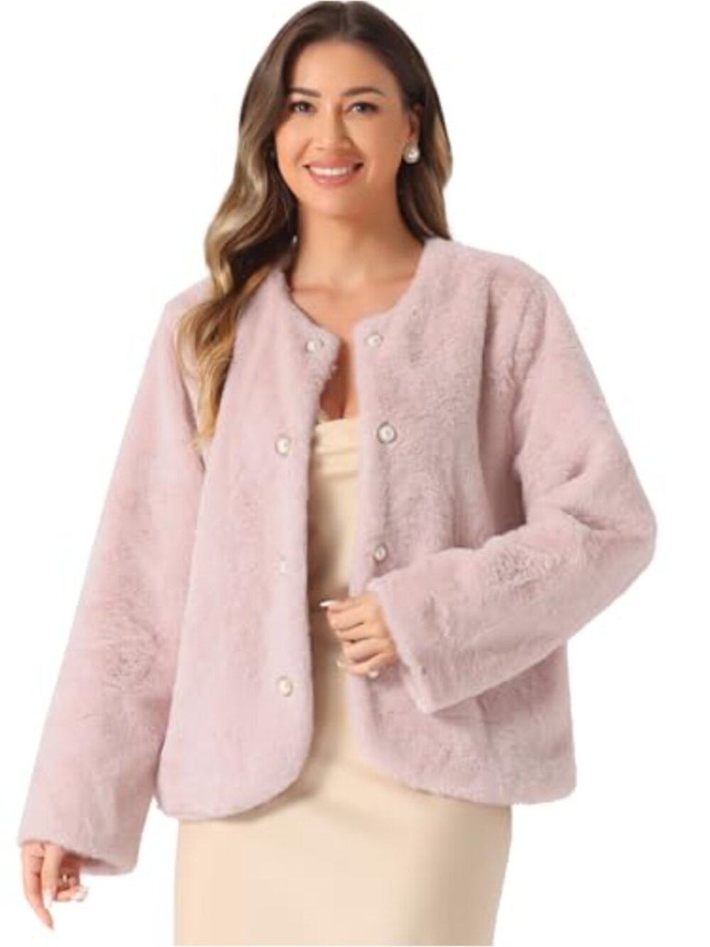 Women Faux Fur Long Sleeve Pearl Button Cardigan Coat Winter